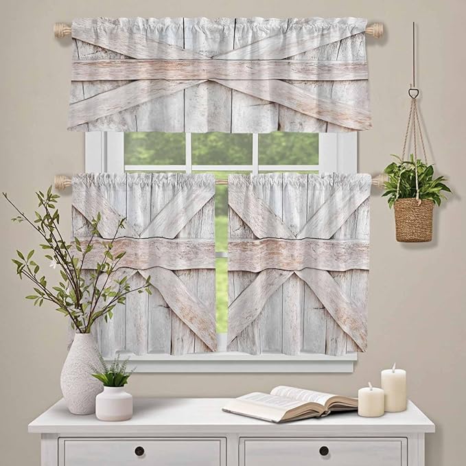 Kitchen Window Curtains Valance and Tier Set, Farmhouse Retro Wooden Barn Rod Pocket Tier Curtain Valance Set, Vintage Village Wood Grain Light Filtering Cafe Curtains for Bedroom Living Room