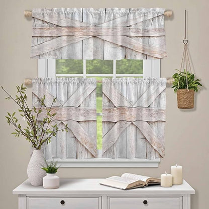 Kitchen Window Curtains Valance and Tier Set, Farmhouse Retro Wooden Barn Rod Pocket Tier Curtain Valance Set, Vintage Village Wood Grain Light Filtering Cafe Curtains for Bedroom Living Room