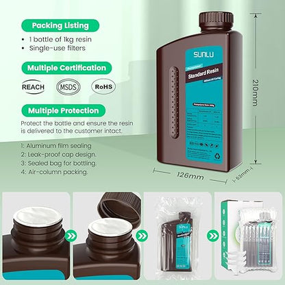 SUNLU 3D Printer Resin 1kg, Fast Curing Standard 3D Resin for LCD DLP SLA Resin 3D Printers, 395 to 405nm UV Curing 3D Printing Liquid Photopolymer Resin, Low Shrinkage, High Precision, 1000g, White