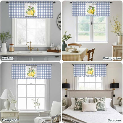 Lemon Sheer Valance Curtains, Summer Fruit Floral Wood Grain Blue Plaid Light Filtering Kitchen Valances Rod Pocket Voile Curtain Window Treatment for Bedroom/Living Room/Basement 42Wx12L
