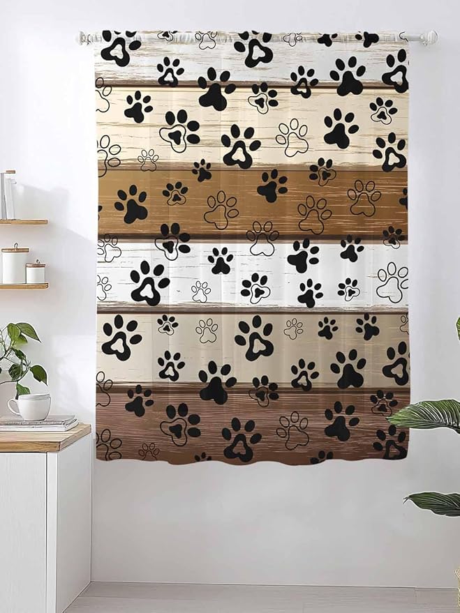 Sheer Curtains 72 Inches Long, Brown Beige Farmhouse Semi Sheer Curtains Light Filtering Window Treatment, Black Dog Paw Vintage Wooden Privacy Voile Drapes for Living Room Bedroom 52x72 Inch