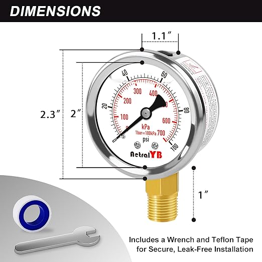 0-100 Psi 2-inch Pressure Gauge, Glycerin Filled, 1/4" NPT Lower Mount, Stainless Steel, Pool Sand Filter Pressure Gauge, Waterproof for Water Pump, Air Compressor, Well Tank, RV Regulator