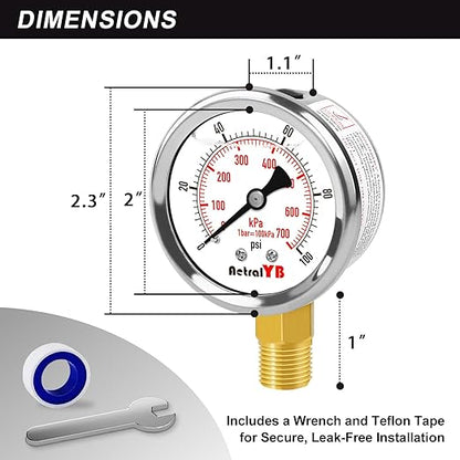 0-100 Psi 2-inch Pressure Gauge, Glycerin Filled, 1/4" NPT Lower Mount, Stainless Steel, Pool Sand Filter Pressure Gauge, Waterproof for Water Pump, Air Compressor, Well Tank, RV Regulator