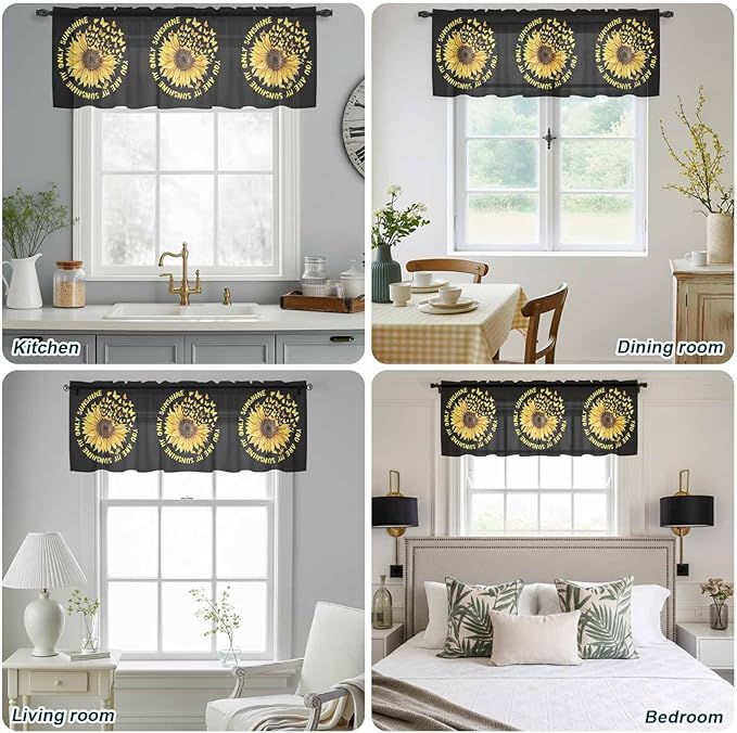 YOU ARE MY SUNSHINE Sheer Valance Curtains, Summer Sunflowers Golden Gradient Butterflies Light Filtering Kitchen Valances Rod Pocket Voile Curtain Treatment for Bedroom/Living Room/Basement 60Wx18L