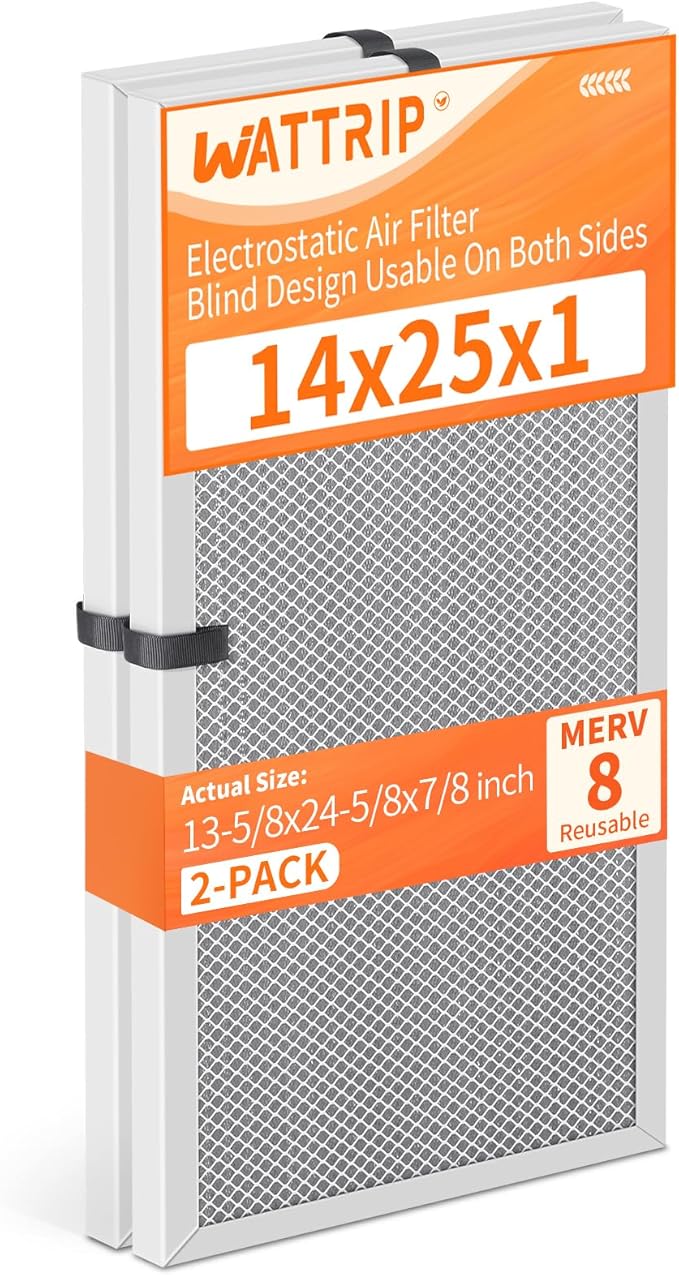 2-Pack 14x25x1 MERV 8 Reusable & Washable Electrostatic Air Filters - Long-Lasting Filter for HVAC, Furnace & Air Conditioner Units, Actual Size: 13-5/8” x 24-5/8” x 7/8”