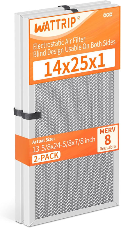 2-Pack 14x25x1 MERV 8 Reusable & Washable Electrostatic Air Filters - Long-Lasting Filter for HVAC, Furnace & Air Conditioner Units, Actual Size: 13-5/8” x 24-5/8” x 7/8”
