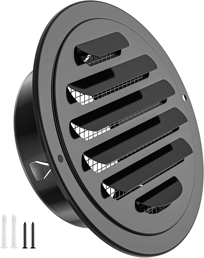HG Power Stainless Steel Soffit Vents 4 Inch, Black Round Vent Cover with Screen Mesh, Louver Soffit Exhaust Vent for Wall Garage, Kitchen, Attic & House Ventilation, 98mm Diameter