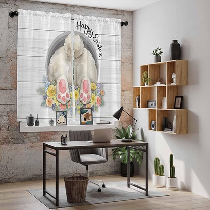 Easter Bunny Window Curtains 63 Inch Long 2 Panel Set,Rod Pocket Bedroom Curtains & Drapes,3D Optical Illusion Farmhouse Flower Wood Grain Light Filtering Window Treatment for Living Room 42"W x 63"L
