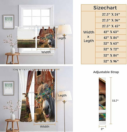 Farm Donkeys Living Room Curtains 84 Inch Length, Window Curtains Tab Top, Farmhouse Barn Funny Animals Butterfly Light Filtering Window Treatments Drapes 52"x84" 2 Panel