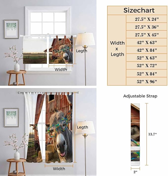 Farm Donkeys Bedroom Curtains 72 Inch Length, Window Curtains Tab Top, Farmhouse Barn Funny Animals Butterfly Light Filtering Window Treatments Drapes 52"x72" 2 Panel