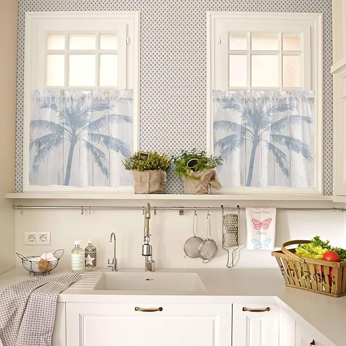 Summer Coconut Tree on Vintage Wood Grain Window Valance Curtains, Seaside Plants Light Filtering Kitchen Valance with 3-inch Rod Pocket for Living Room Bathroom Bedroom,2 Panel,27.5x36In