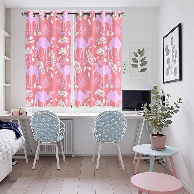 2 Panel Kitchen Cafe Curtains, Desert Camel Sunlight Filtering Nature Air Through, Window Decor Tier Curtains for Living Room 104W x 72L inch Vintage Sand Camel Leaves Flower Pattern Pink
