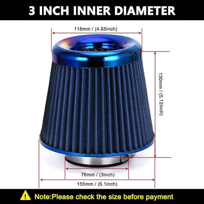 Cold Air Intake Filter, High Performance, Washable Filter, Clamp-On Replacement Air Filter, Flange Diameter 3inch/76mm Blue