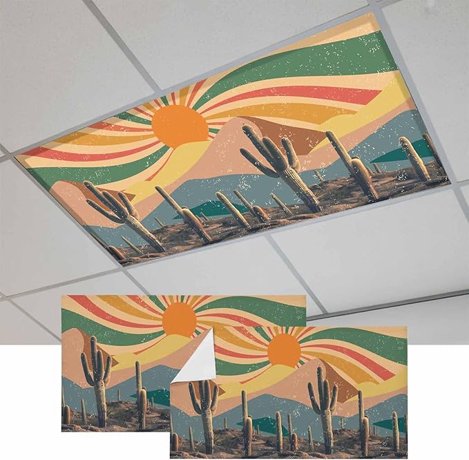 Fluorescent Light Covers for Ceiling Lights Cactus Desert Magnetic Light Filters 2 Pack 4x2 ft Boho Abstract Sun Mountain Rainbow Ceiling Lights Cover for Classroom Office School Home Drop Lamp Decor