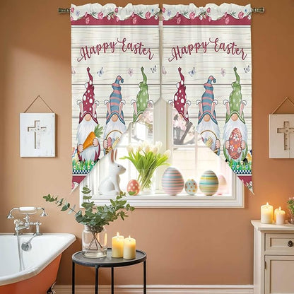 Swag Curtain,Happy Easter Gnomes with Eggs on Grass Kitchen Valances Rod Pocket Curtains Tier Pair Swag Topper,Spring Floral on Wood Barn 2 Panels Window Treatment for Bathroom Living Room Bedroom