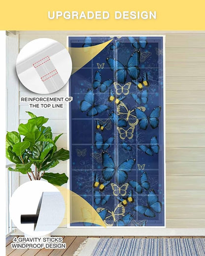 Screen Door 38"x83" Blue Butterfly Door Screen Magnetic Closure, Yellow Navy Blue Butterfly Art Hands Free Magnetic Screen Door for Single/Sliding/Front Door