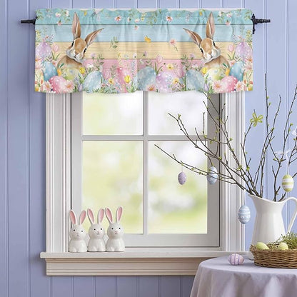 Kitchen Valances for Window, Spring Easter Eggs Rabbit Flower Light Filtering Rod Pocket Valance Curtain, Plant Colorful Wood Grain Short Curtains Window Topper for Bedroom Living Room 42x12in
