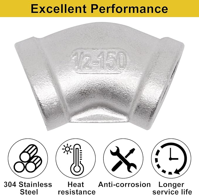 45 Degree Elbow 2PCS, 1/2" NPT Female x 1/2" NPT Female 304 Stainless Steel Pipe Fitting, Connector Coupler Apply to Outdoor/Garden/Industrial