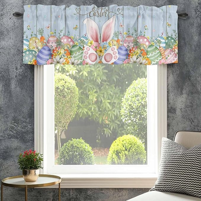 Easter Curtain Valances for Windows, Kitchen Valance Window Treatment, Spring Eggs Rabbit Ear Flowers Wooden Grain Light Filtering Block Curtains for Bathroom/Bedroom/Living Room 42'' x 18''