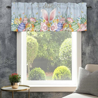 Easter Curtain Valances for Windows, Kitchen Valance Window Treatment, Spring Eggs Rabbit Ear Flowers Wooden Grain Light Filtering Block Curtains for Bathroom/Bedroom/Living Room 54'' x 18''