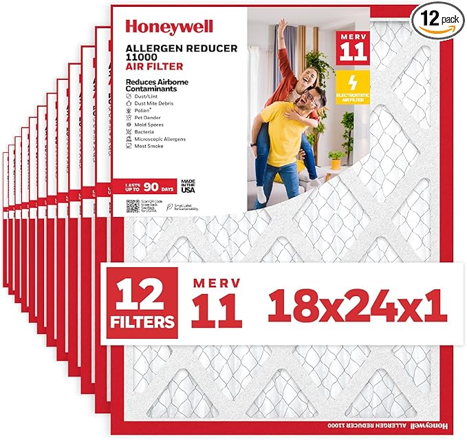 Honeywell 18x24x1 MERV 11 Allergen Reducer 11000 Electrostatic Pleated HVAC AC Furnace Air Filter (12-Pack) | Replacement Filter for Home Use | Made in USA