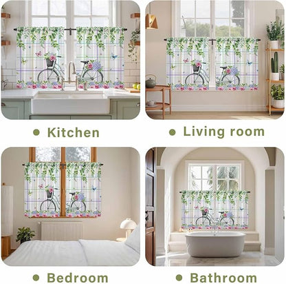 Spring Tier Curtains, Bicycles Botanical Leaves Rose Colorful Stripes Light Filtering Kitchen Curtains, 2Pcs Rod Pocket Half Window Treatments Panels for Sink Cafe Cabinet Basement 27.5x45 Inches