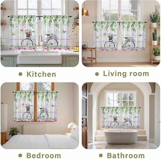 Spring Kitchen Curtains, Bicycles Botanical Leaves Rose Colorful Stripes Light Filtering Window Curtain Panels, 2Pcs Rod Pocket Window Treatments Set for RV Dining Room Study Room 42x45 Inches