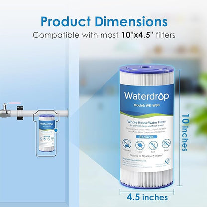 Waterdrop FXHSC Whole House Water Filter, Replacement for GE® FXHSC, GXWH40L, GXWH35F, American Plumber W50PEHD, W10-PR, Culligan® R50-BBSA, 5 Micron, 10" x 4.5", High Flow Sediment Filters, Pack of 2