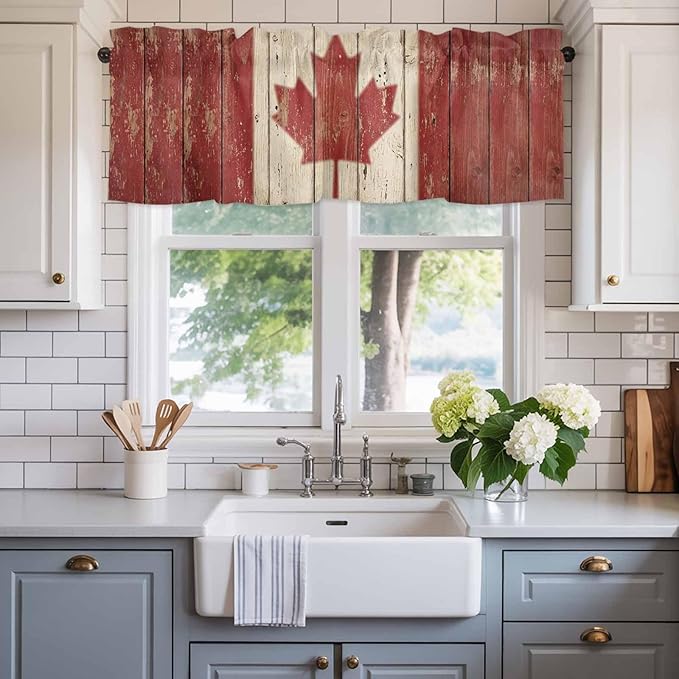 Canada Curtain Valances for Windows, Kitchen Valance Window Treatment, Red Maple Leaf Flag Vintage Farmhouse Wooden Grain Light Filtering Block Curtains for Bathroom/Bedroom/Living Room 42'' x 18''