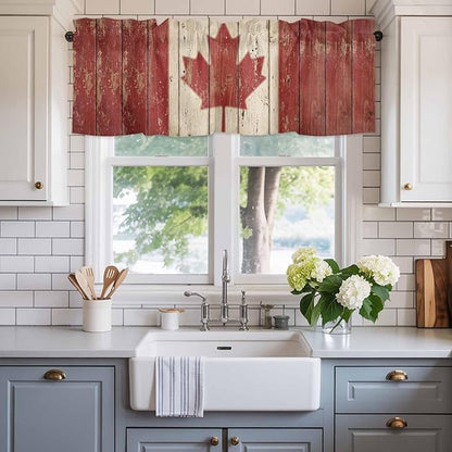 Canada Curtain Valances for Windows, Kitchen Valance Window Treatment, Red Maple Leaf Flag Vintage Farmhouse Wooden Grain Light Filtering Block Curtains for Bathroom/Bedroom/Living Room 60'' x 18''