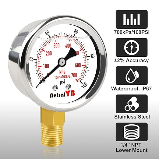 0-100 Psi 2-inch Pressure Gauge, Glycerin Filled, 1/4" NPT Lower Mount, Stainless Steel, Pool Sand Filter Pressure Gauge, Waterproof for Water Pump, Air Compressor, Well Tank, RV Regulator