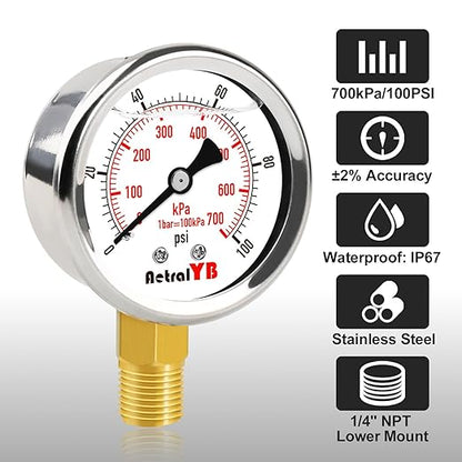 0-100 Psi 2-inch Pressure Gauge, Glycerin Filled, 1/4" NPT Lower Mount, Stainless Steel, Pool Sand Filter Pressure Gauge, Waterproof for Water Pump, Air Compressor, Well Tank, RV Regulator