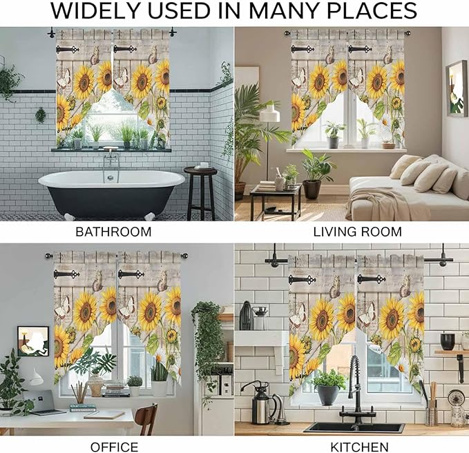 Farm Flowers Swag Valances for Windows, Retro Sunflowers Barn Doors Butterfly Wood Board Rod Pocket Kitchen Curtains Valance, Small Window Curtains Swag for Cafe Living Room, 2 Panels, 36x36 inch