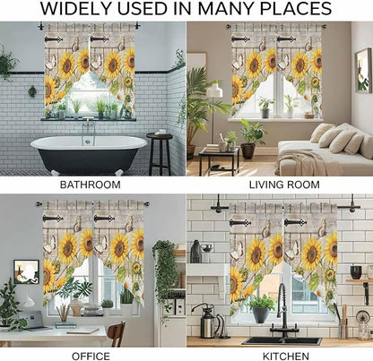 Farm Flowers Swag Valances for Windows, Retro Sunflowers Barn Doors Butterfly Wood Board Rod Pocket Kitchen Curtains Valance, Small Window Curtains Swag for Cafe Living Room, 2 Panels, 36x36 inch