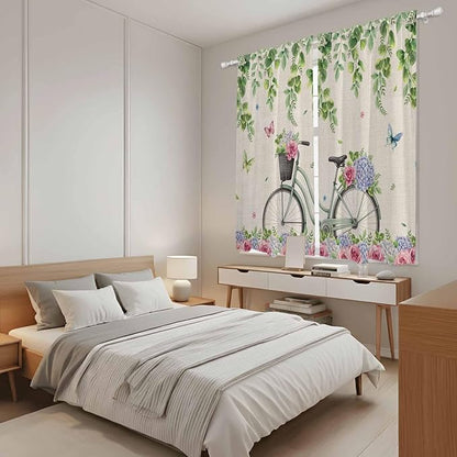 Farmhouse Spring Kitchen Curtains, Retro Bicycles Flowers Vines Butterfly Light Filtering Window Curtain Panels, 2Pcs Rod Pocket Window Treatments Set for Living Room Bathroom Bedroom 42x63 Inches