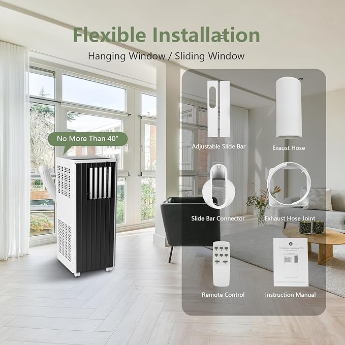8000 BTU Portable Air Conditioner, Portable AC Unit with Fan & Dehumidifier, Air Conditioner Portable for Rooms Up to 350 Sq Ft, Remote Control, 24H Timer for Bedroom, Office, Apartment, Black & White