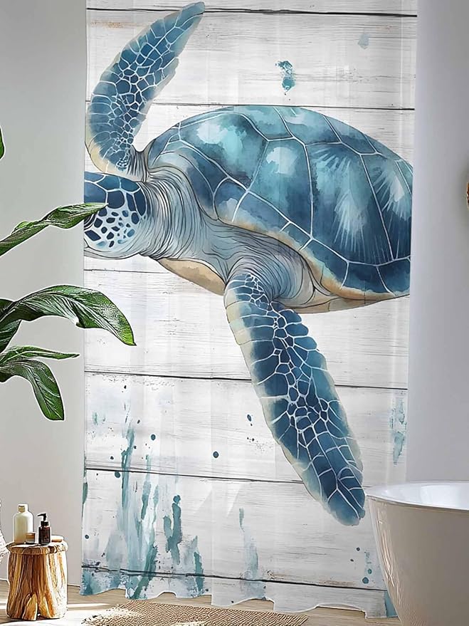 Sheer Curtains 96 Inches Long, Teal Green Ocean Turtle Semi Sheer Curtains Light Filtering Window Treatment, Coastal Seaweed Wood Grain Privacy Voile Drapes for Living Room Bedroom 52x96 Inch