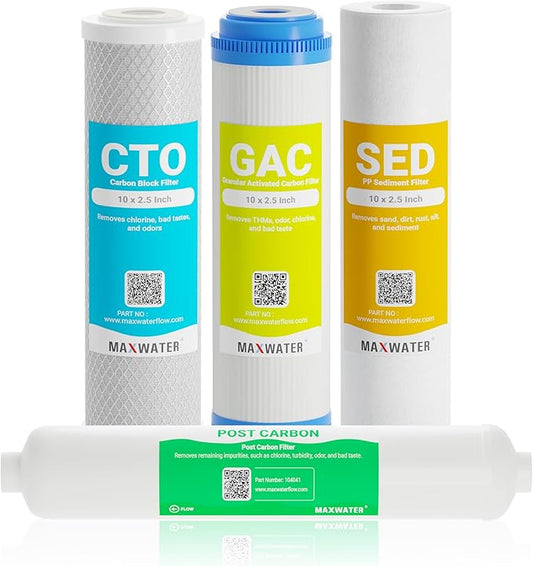 Max Water 5 Micron Replacement Filter Set (10 inch x 2.5 inch) for Standard 5 Stage RO (Reverse Osmosis) Water Filter System - PP Sediment, GAC, CTO & Post Carbon