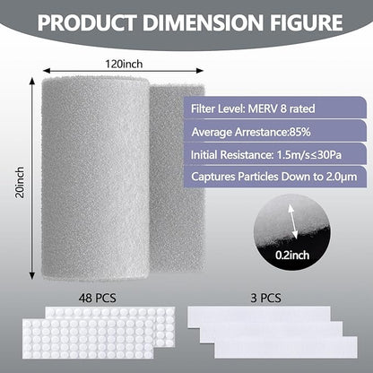 20" x 120" Air Vent Filters, with 48Pcs Adhesive Hook Tape, Cut to Size Air Filter Material HVAC Furnace Filters Kit MERV 8 Triple Vent Filter for Home Floor Register, Ceiling, Grilles