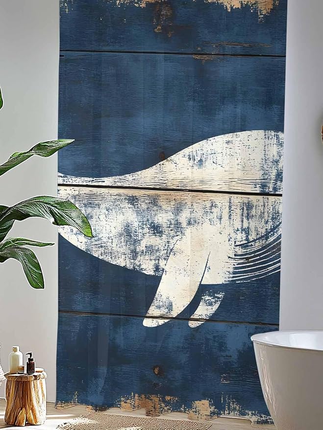 Sheer Curtains 84 Inches Long, Ocean Whale Blue Semi Sheer Curtains Light Filtering Window Treatment, Summer Sea Vintage Wooden Grain Privacy Voile Drapes for Living Room Bedroom 52x84 Inch