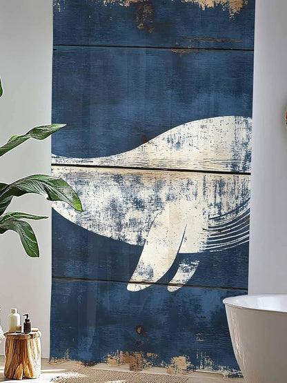Sheer Curtains 108 Inches Long, Ocean Whale Blue Semi Sheer Curtains Light Filtering Window Treatment, Summer Sea Vintage Wooden Grain Privacy Voile Drapes for Living Room Bedroom 52x108 Inch