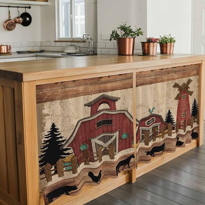 Brown Farmhouse Tier Curtains, Vintage Country Animals Wooden Grain Light Filtering Kitchen Curtains, 2Pcs Rod Pocket Half Window Treatments Panels for Sink Cafe Cabinet Camper 27.5x24 Inches