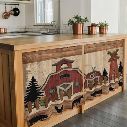 Brown Farmhouse Tier Curtains, Vintage Country Animals Wooden Grain Light Filtering Kitchen Curtains, 2Pcs Rod Pocket Half Window Treatments Panels for Sink Cafe Cabinet Camper 27.5x36 Inches