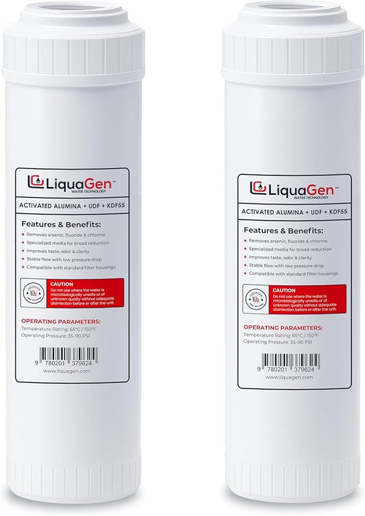 LiquaGen Activated Alumina + Carbon + KDF-55 Replacement Water Filter Cartridge – Helps Manage Fluoride, Chlorine & Taste, Refillable 2.5" x 10", 2.5" x 20", 4.5" x 10", 4.5" x 20" (2, 2.5" x 10")