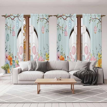 Easter Bunny Window Curtains 72 Inch Long 2 Panel Set,Rod Pocket Long Curtains & Drapes,Easter Eggs Spring Farmhouse Wood Grain Teal Blue Light Filtering Window Treatment for Bedroom 52"W x 72"L