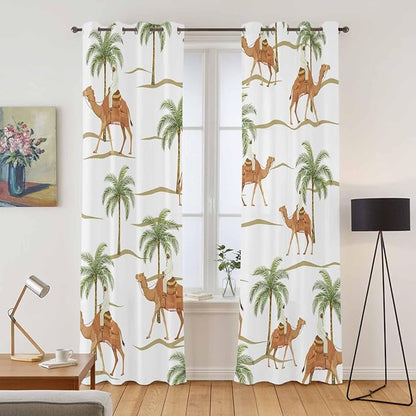 2 Panel Kitchen Cafe Curtains, Desert Camels Sunlight Filtering Nature Air Through, Home Decor Window Covering Tier Curtains for Bedroom Living Room 104W x 90L inch Tropical Date Palm Trees Animal