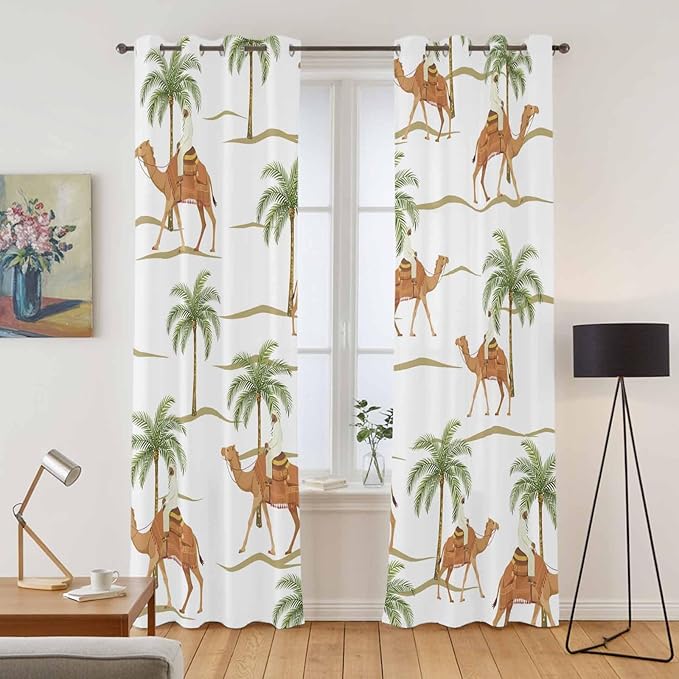 2 Panel Kitchen Cafe Curtains, Desert Camels Sunlight Filtering Nature Air Through, Home Decor Window Covering Tier Curtains for Bedroom Living Room 80W x 84L inch Tropical Date Palm Trees Animal