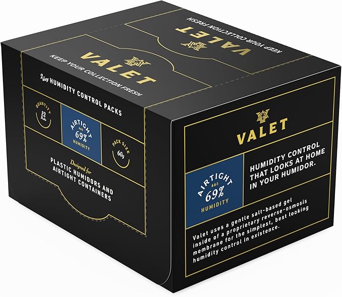 Valet 69% Two-Way Humidity Packs for Plastic Containers, 12-Pack, 60g Each, Humidifier Pack Prevents Leaks and Controls Moisture with Natural Craft Paper Design