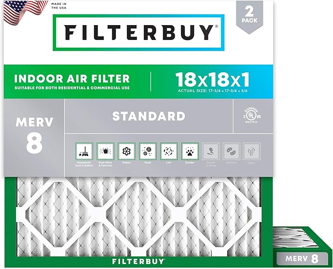 Filterbuy 18x18x1 Air Filter MERV 8 Essential Dust & Allergy Defense (2-Pack), Electrostatic Pleated HVAC AC Furnace Filters Replacement, Made in USA (Actual Size: 17.75 x 17.75 x 0.75)
