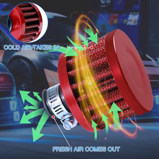 12mm Cold Air Intake Filter for Motorcycle Turbo Vent Breather Air Intake Red- 2Pcs